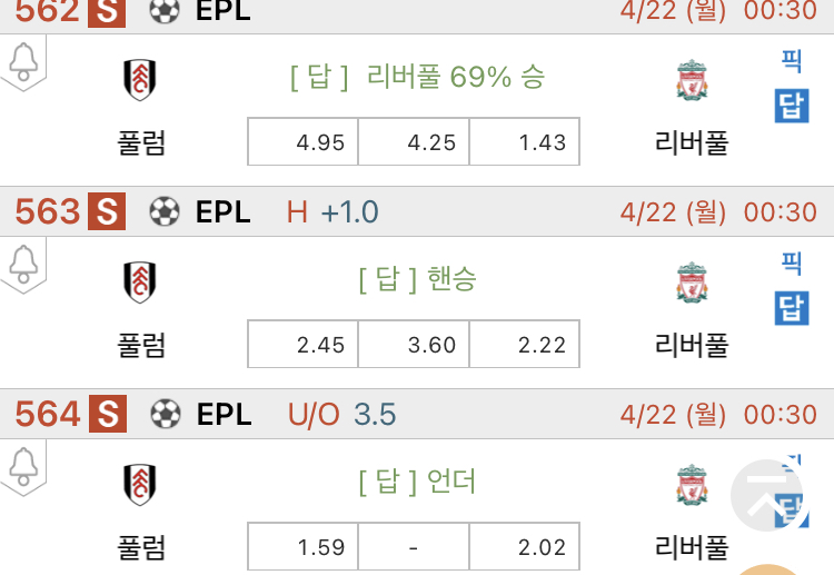 [진짜총판] 4월21일 풀럼 VS 리버풀 해외축구분석