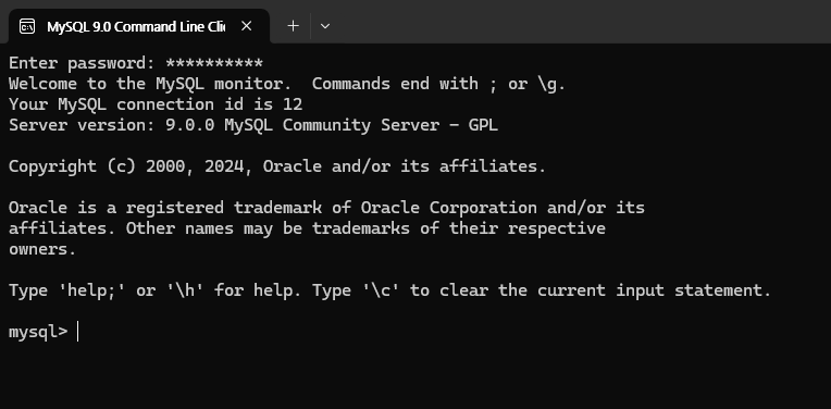 MySQL 9.0 Command Line Client - 실행 및 MySQL 접속 화면