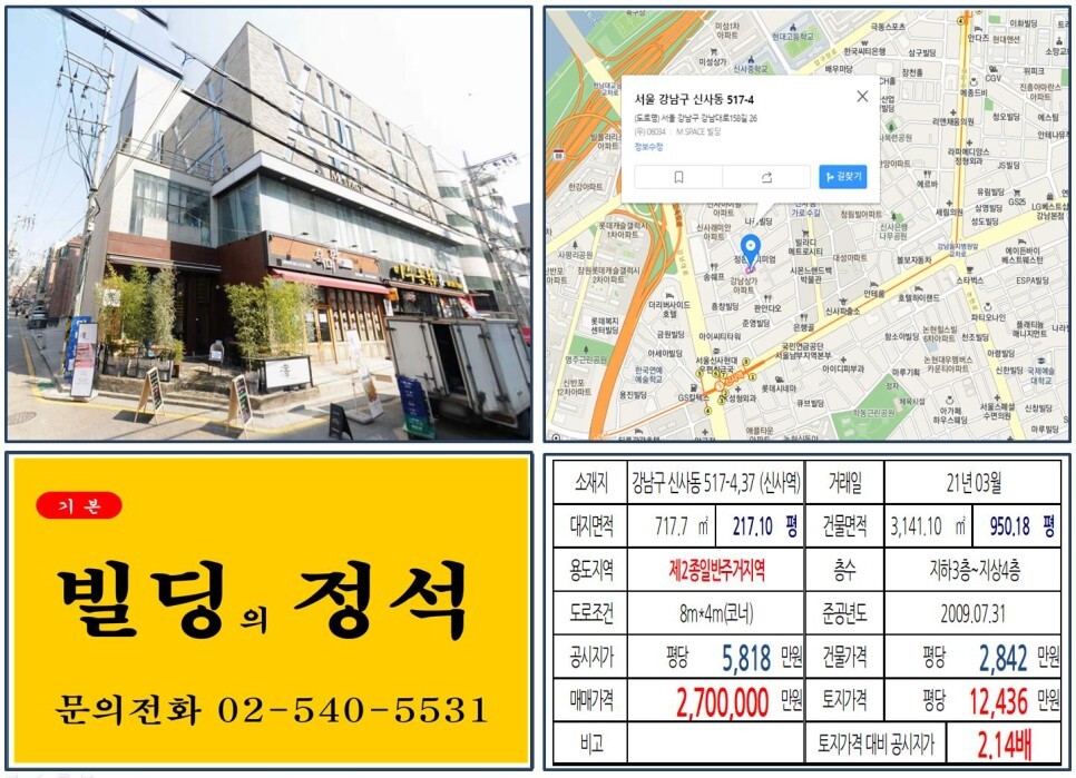  [강남구 신사동 가로수길 200억 빌딩 실거래가 조회] 신사동 517-4,37 (신사역) 270억 원, 평당 1억 2,436만 원 매매되었습니다. 신분당선 연장, 신사위례선
