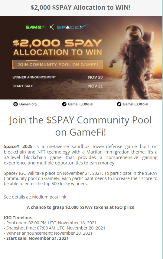  게임파이(GameFi), 스페이스Y(SPAY) 화이트리스트 추첨