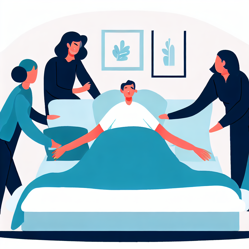 Flat vector style illustration of a family gathered around a person in bed&#44; symbolizing the importance of emotional support during end-of-life care.