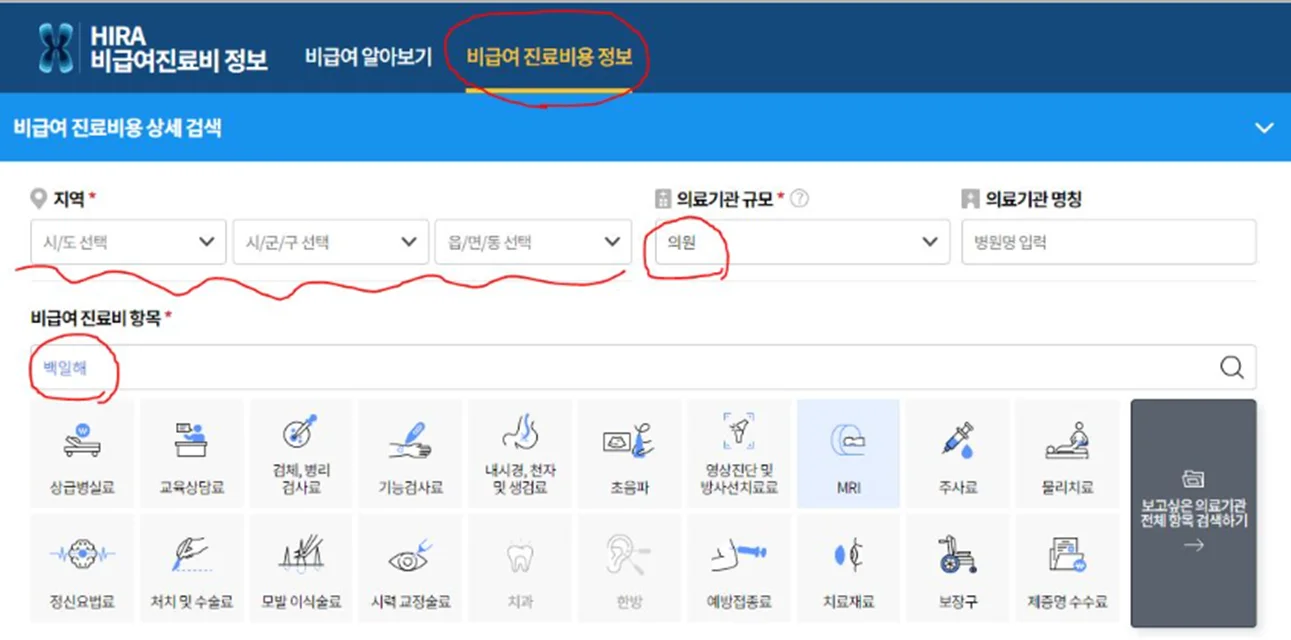 비급여진료정보-건강보험심사평가원-병원찾기-백일해