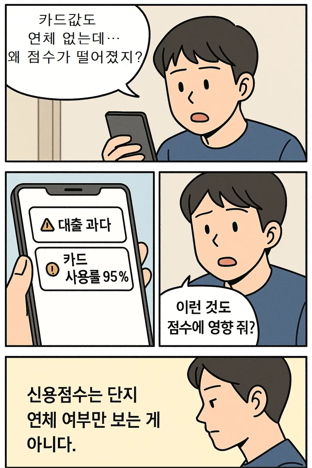 연체가 없어도 신용점수가 떨어질 수 있다는 사실을 알게 되는 남성의 상황을 담은 4컷 웹툰