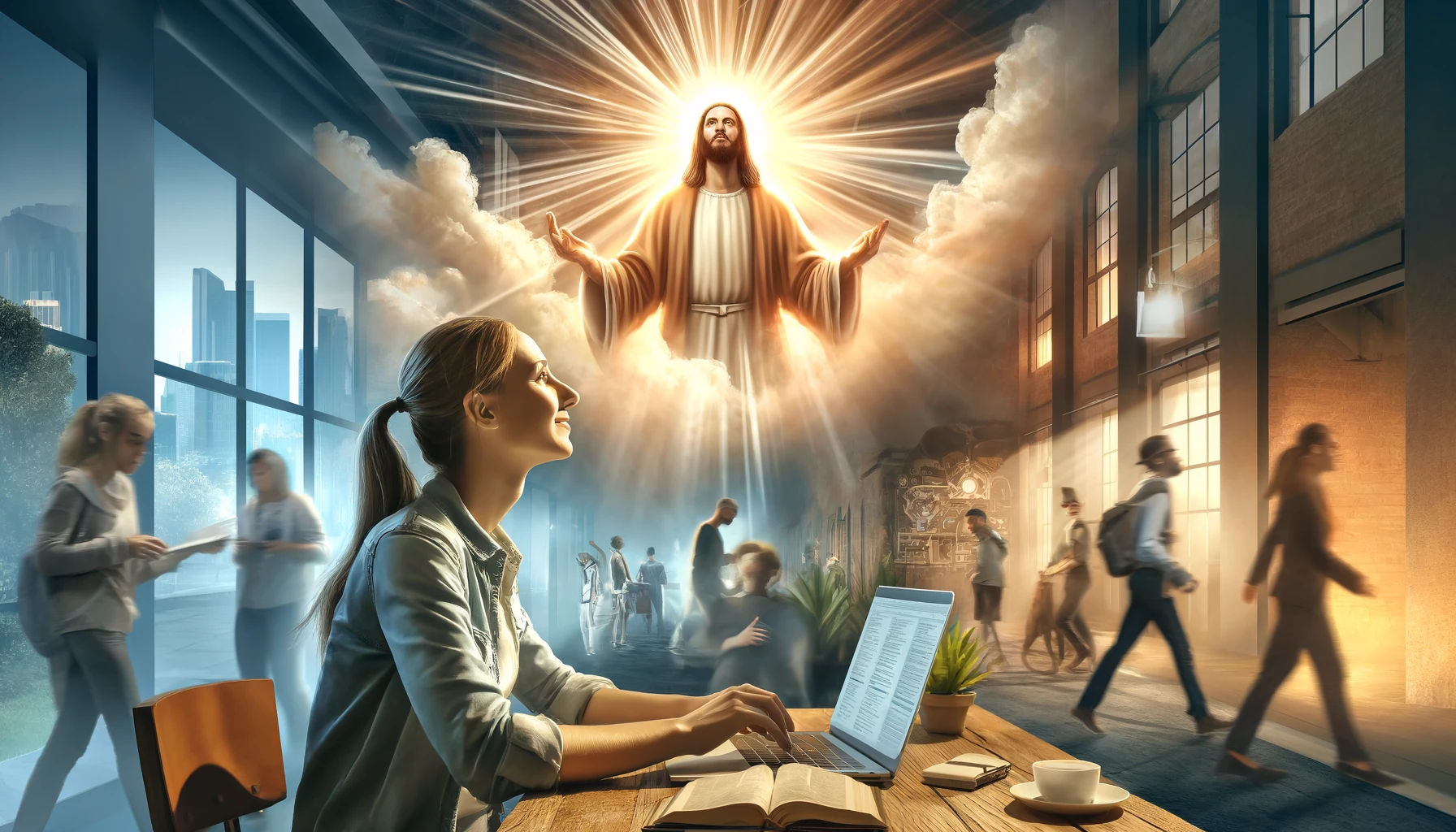 Here is the image depicting a modern individual living their life with confidence and assurance&amp;#44; feeling chosen by God. The scene illustrates the individual engaging in daily activities&amp;#44; with a soft&amp;#44; warm light symbolizing God&amp;#39;s unwavering presence&amp;#44; creating an aura of peace and divine guidance. Subtle spiritual elements are included to emphasize the theme.