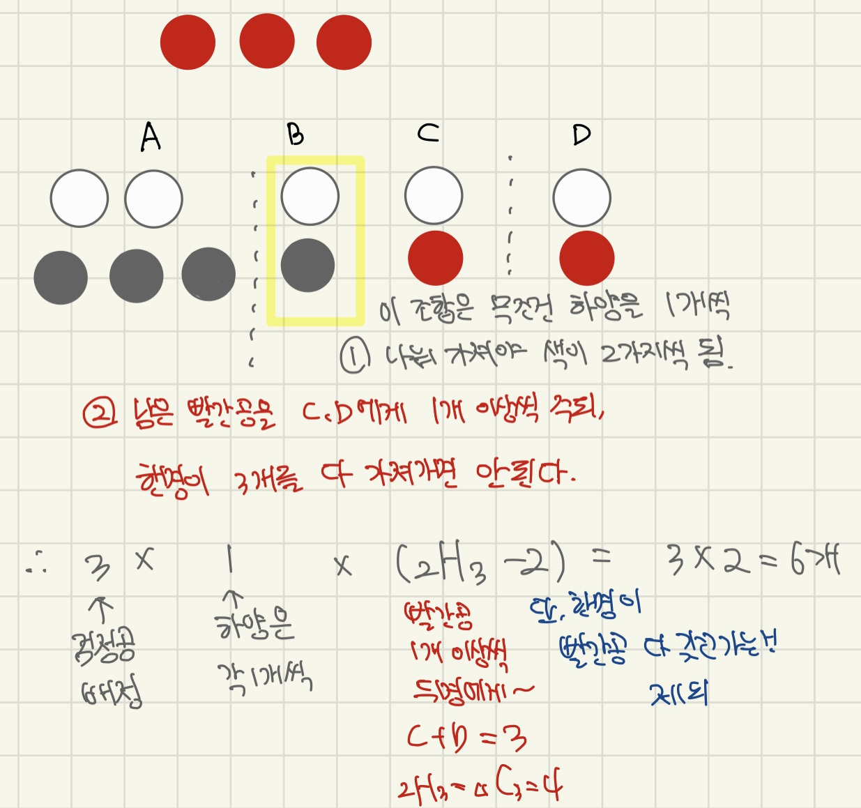  2021년 7월 학평(인천) 확통 30번 상세 해설 - 색별로 공 넣는 문제