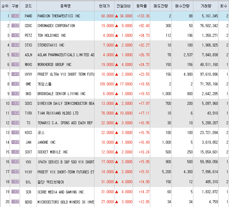  2월25일 미국주식 상승률 상위 종목 TOP 300