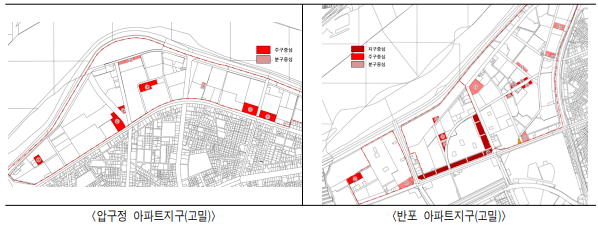 압구정&#44; 반포 아파트지구 지정 위치 지도 사진