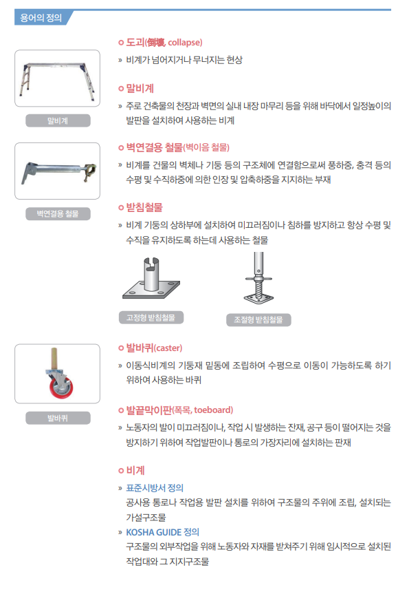 비계작업시 사용되는 관련 용어의 정의 및 그림자료