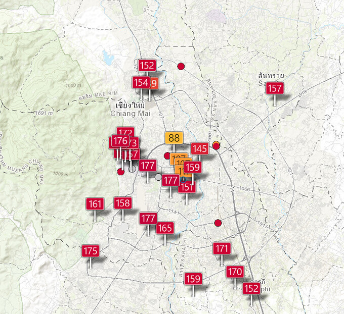 아이큐에어의 공기질 지수로 확인해본 치앙마이의 대기오염 수준&#44; 미세먼지가 154를 기록하고있다