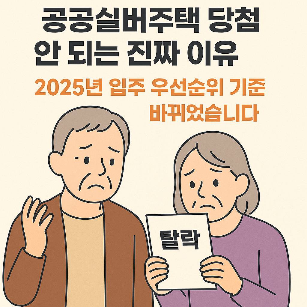 2025년 공공실버주택 입주 탈락 사유를 설명하기 위한 감성 일러스트 썸네일 이미지로, 탈락 통보서를 들고 아쉬운 표정을 짓는 노년 부부와 변경된 우선순위 기준 문구가 함께 구성된 안내형 콘텐츠