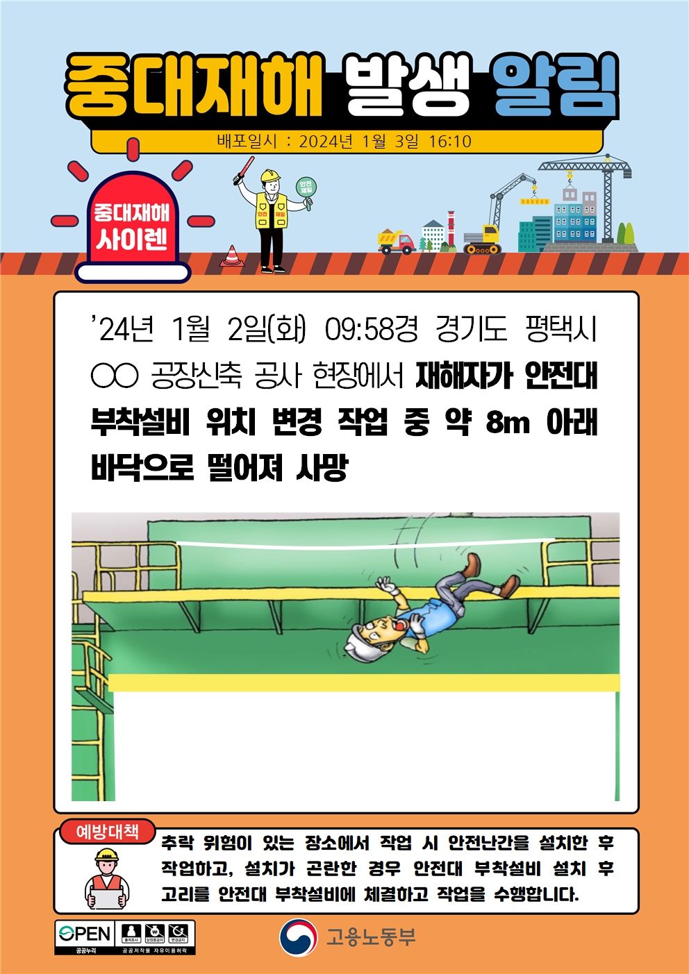 안전대 부착설비 위치 변경 작업 중 떨어짐