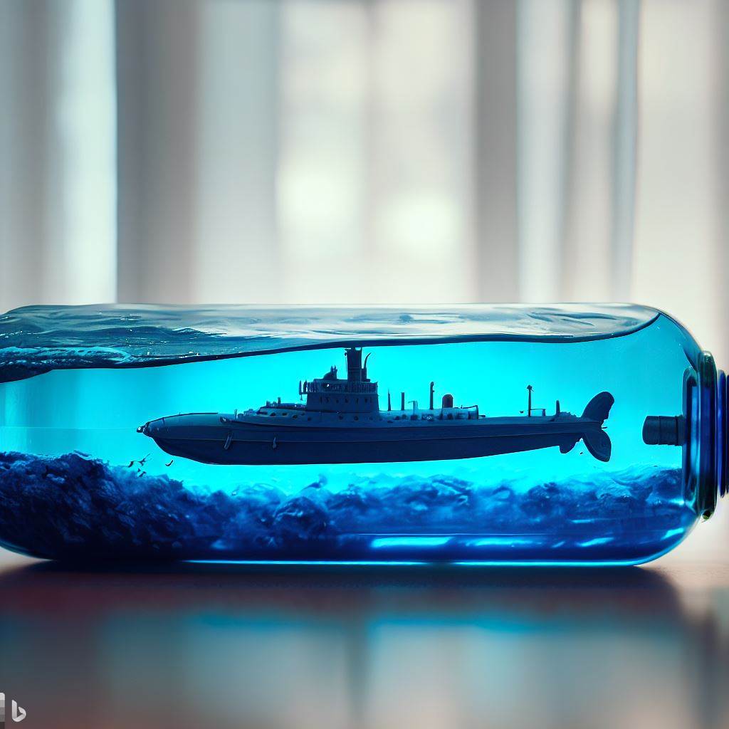 A submarine in a capped large bottle filled with blue water lying horizontally on a table