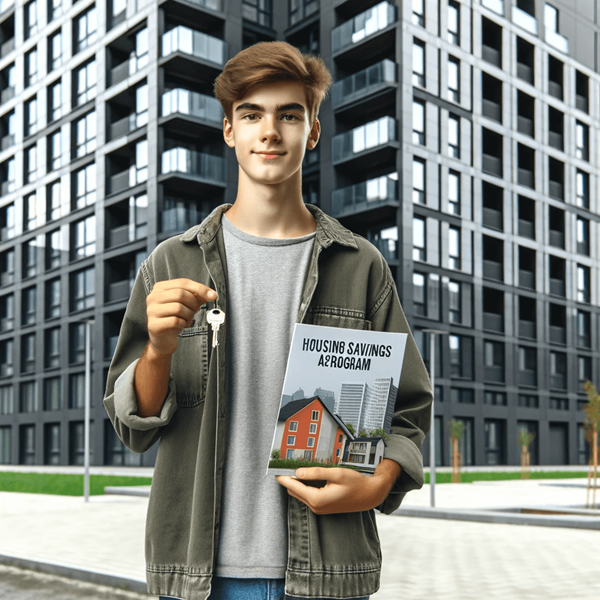 A young adult standing in front of a modern apartment building&#44; holding a key and a brochure about a housing savings account program. The apartment bu
