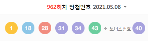 962회차 로또 당첨번호 (1등 당첨자는 12명으로 당첨금은 19억 4090만 원)