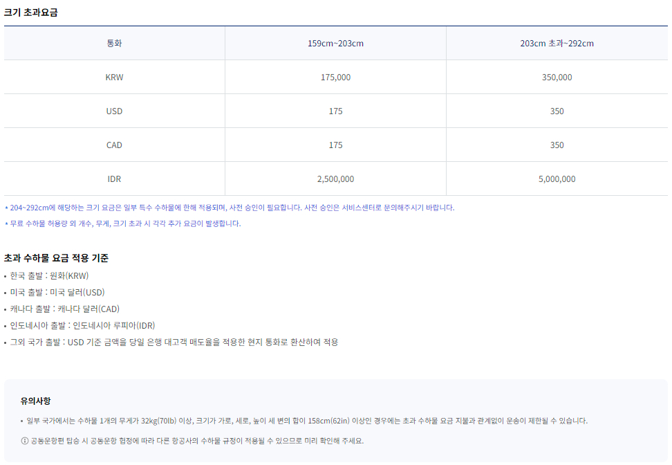 대한항공 초과 수하물 요금 규정-브라질 출도착 구간-일등석