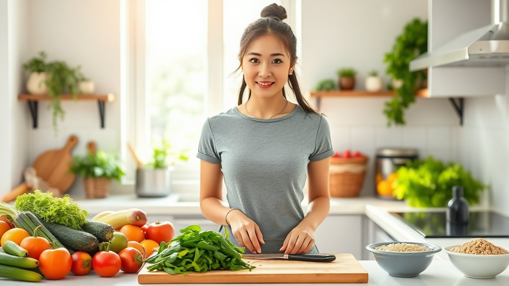 건강한 식단을 준비 중인 여성, 밝은 주방배경