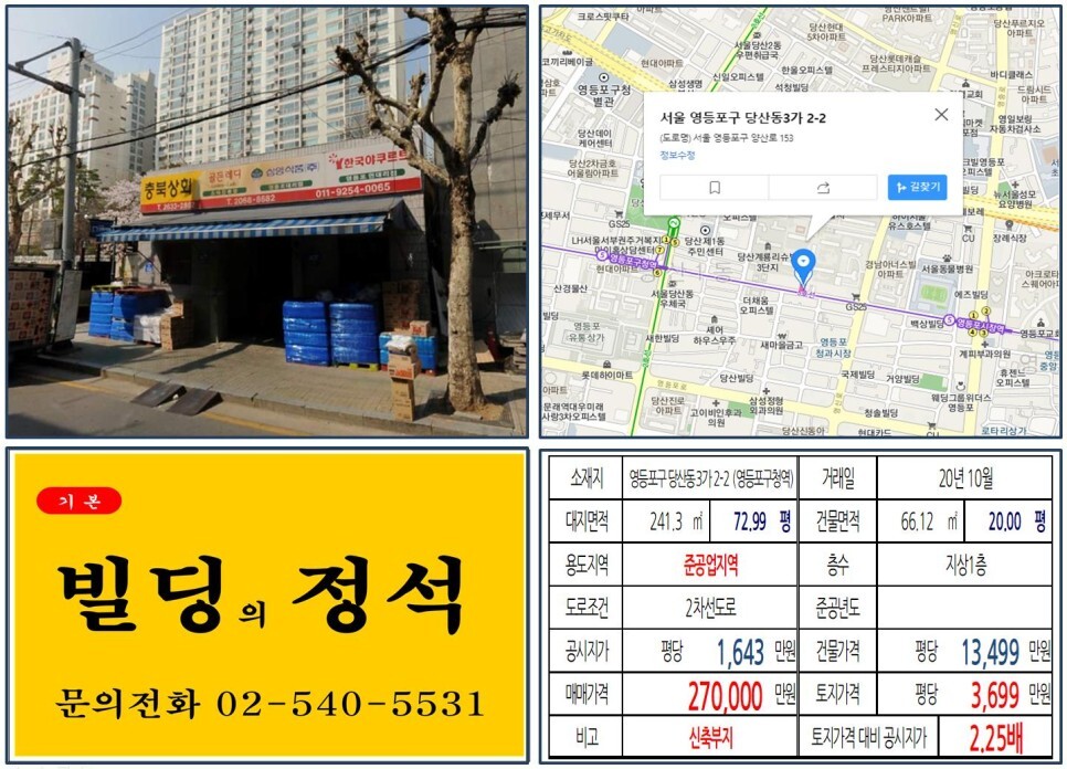 [영등포구 역세권 대로변 신축부 20억 꼬마빌딩 실거래가 조회] 당산동3가 2-2 (영등포구청역) 27억 원, 평당 3,699만 원 매매되었습니다. 영등포 재개발사업