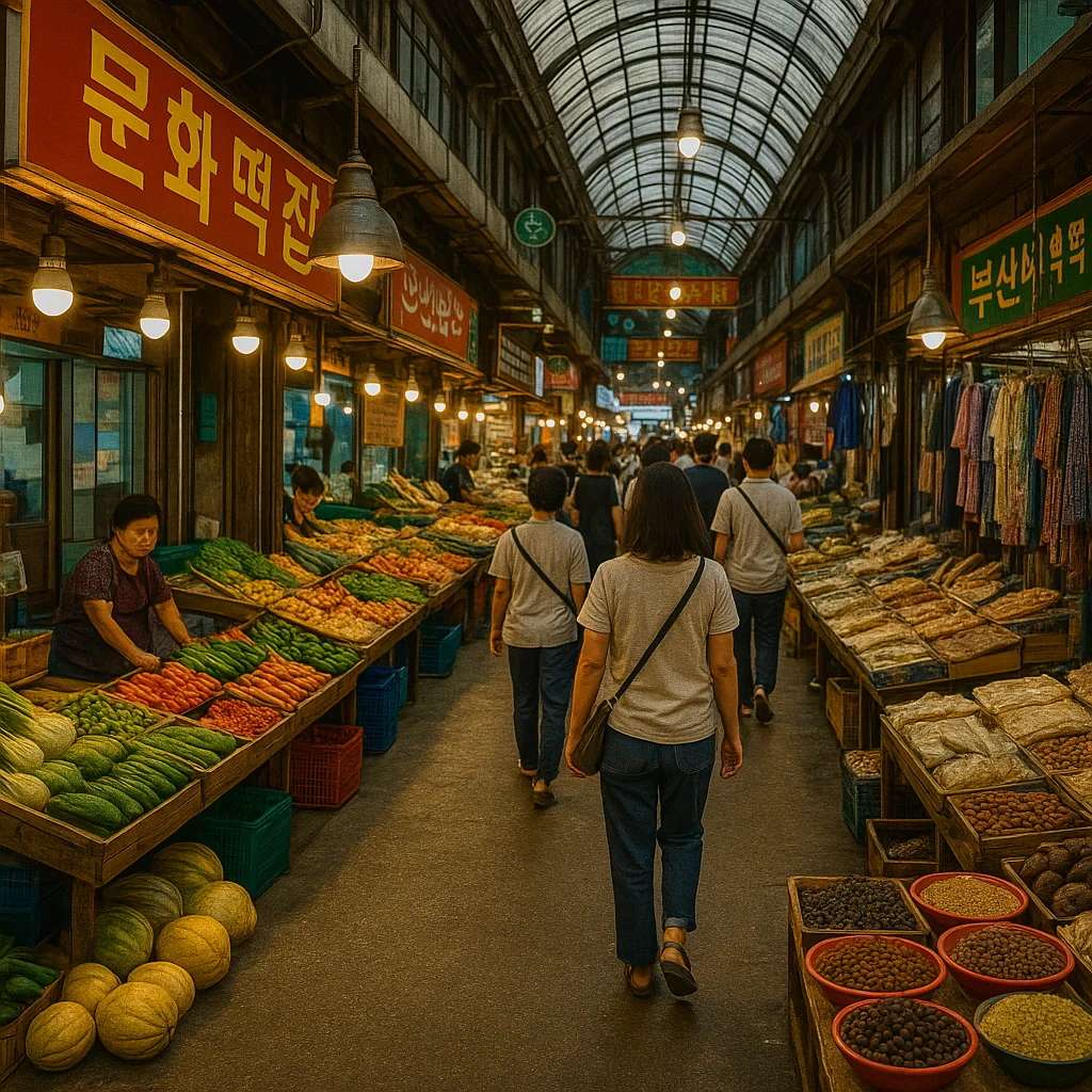 Traditional Korean market with diverse stalls and lively atmosphere