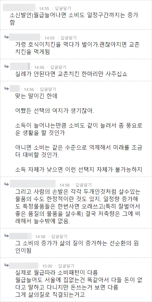 소신발언)월급늘어나면 소비도 일정구간까지는 증가 함
14:55 답글달기
가령 호식이치킨을 먹다가 벌이가. 괜찮아지면 교촌 치킨을 먹게됨
14:56 답글달기
실례가 안된다면 교촌치킨 한마리만 사주십쇼
4
14:56 답글달기
4
جا
4
맞는 말이긴 한데
어쨌든 선택의 여지가 생기잖아.
소득이 늘어나는만큼 소비도 같이 늘려서 좀 풍요로 운 생활을 할 것인가
아니면 소비는 같은 수준으로 억제해서 미래를 조금
더 대비할 것인가.
소득 자체가 낮으면 이런 선택지 자체가 불가능하지
14:58 답글달기
그리고 사람의 손발은 각각 두개인것처럼 살수 있는 물품의 수도 한정적이란 것도 있지. 일정량 증가해 도 특정물품들은 한번사면 오래쓰고(특히 잘벌어서 좋은 품질의 물품을 살수록) 결국 저축량은 그에 비 례해서 늘수밖에 없음.
14:58 답글달기
그 소비의 증가가 삶의 질이 증가하는 선순환의 원 인이됨
15:00
답글달기
실제로 월급따라 소비패턴이 다름
월급늘어도 서울에 집없는건 똑같아서 다들 돈이 없 다고 말하고 다니지만 돈쓰는거 보면 다름 그게 삶의질로 직결되는거고