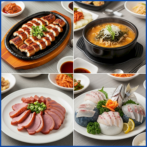 복날 이색 보양식으로 추천하는 장어구이, 추어탕, 오리고기, 민어회 모음.