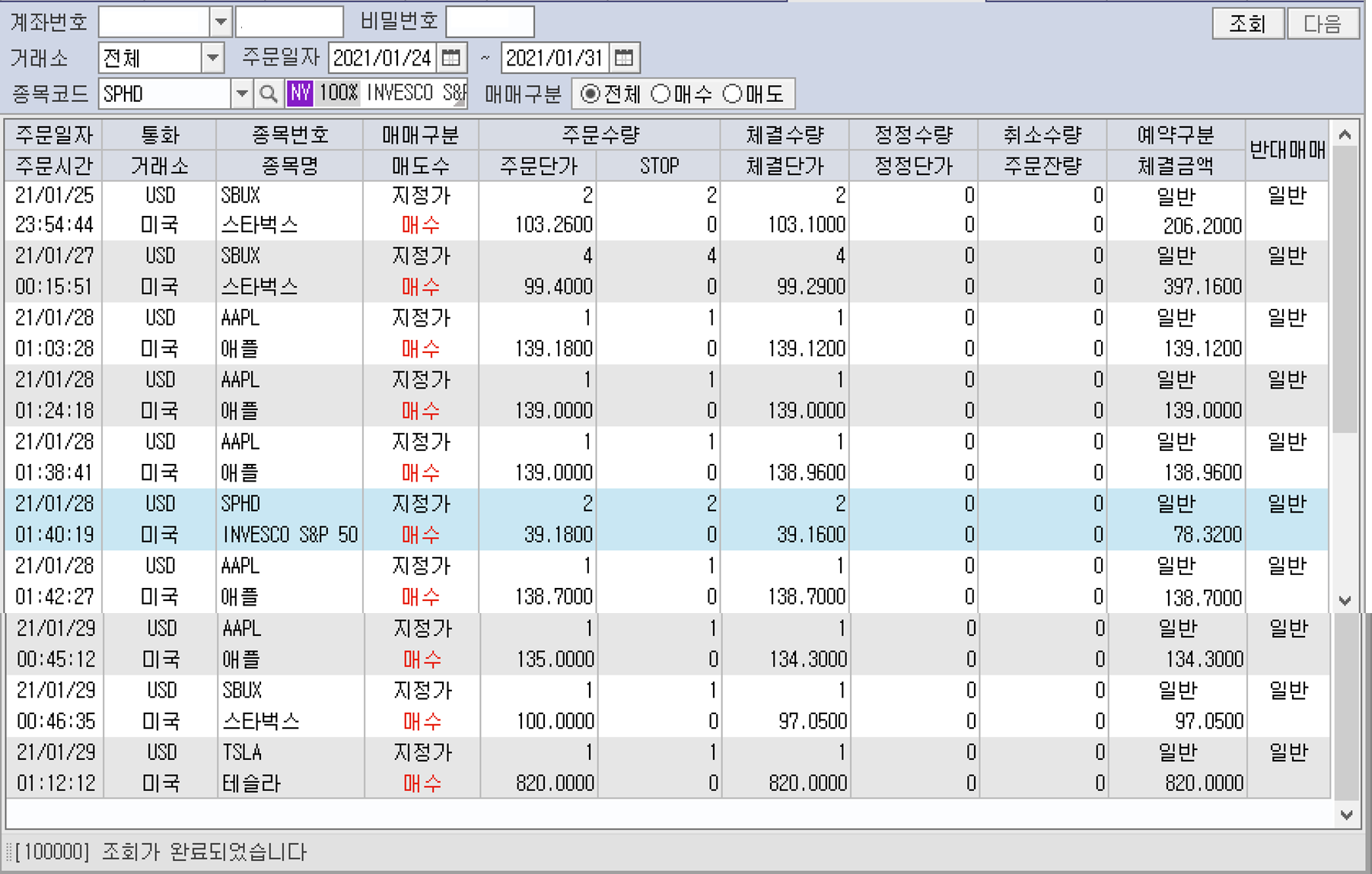  2021년 1월 25일 ~ 1월 29일 미국 주식 매수일지 - 애플(티커 : AAPL) 5주, 스타벅스(티커:SBUX) 7주, SPHD ETF(티커:SPHD) 2주, 테슬라(티커 : TSLA) 1주