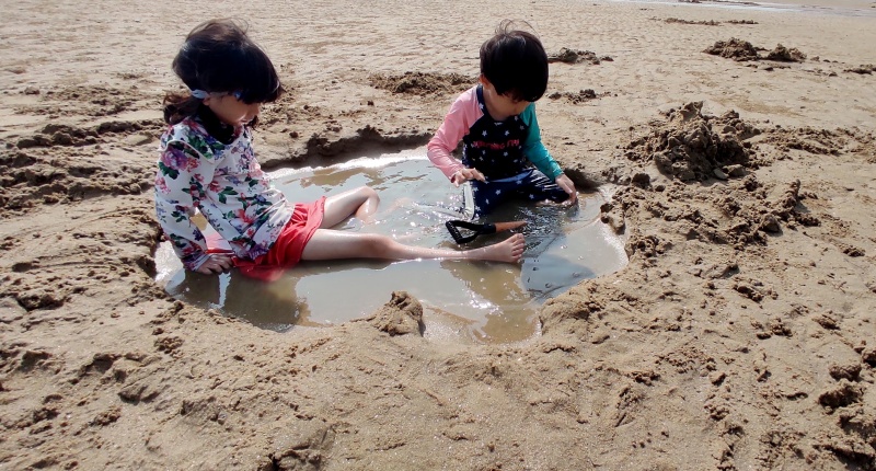 모래에 웅덩이를 파고있는 아이들
