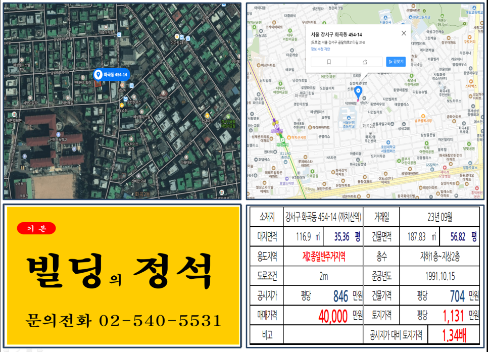  [강서구 화곡동 4억 꼬마빌딩 실거래가 조회] 화곡동 454-14 (까치산역) 4억 원, 평당 1,131만 원 매매되었습니다.