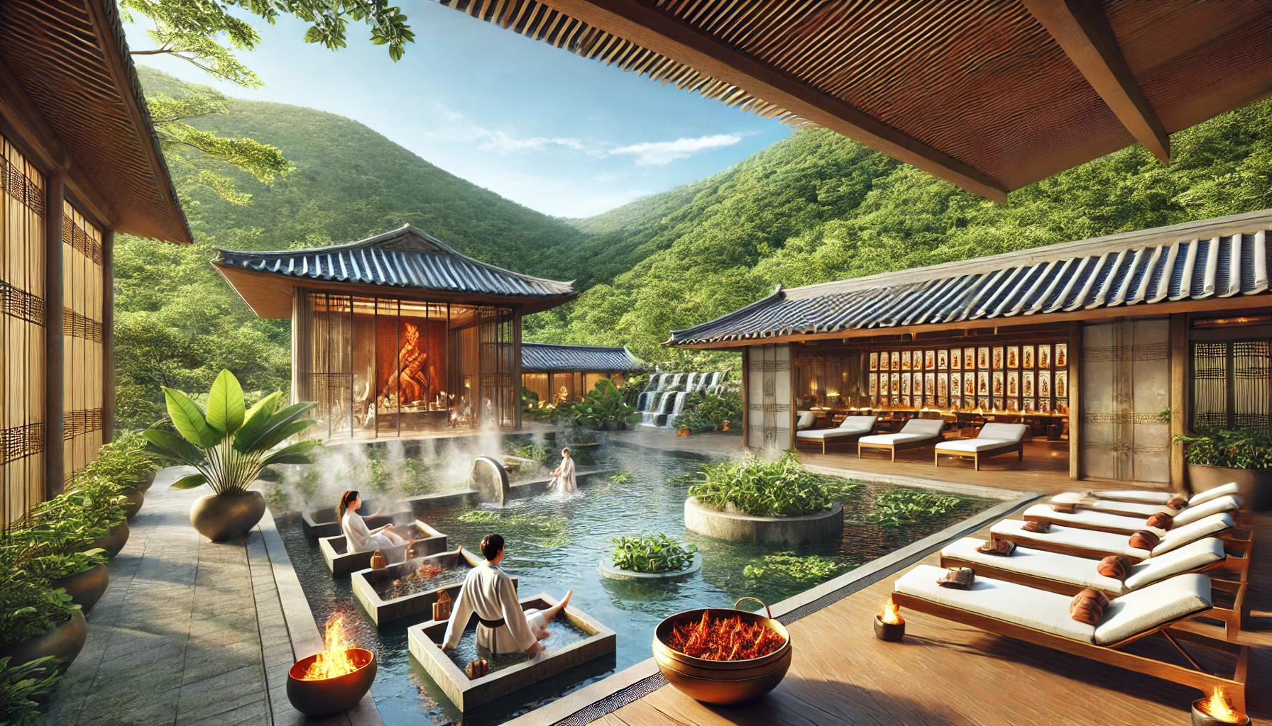 전라북도 진안홍삼스파의 힐링 공간. 푸른 산에 둘러싸인 야외 홍삼 온천수 스파에서 관광객들이 따뜻한 김이 오르는 물에 몸을 담그고 있다. 옆에는 전통적인 한방 족욕 공간이 마련되어 있으며, 내부에는 홍삼 테라피를 받을 수 있는 조용한 치료실이 보인다. 자연 속에서 건강과 휴식을 동시에 즐길 수 있는 웰니스 명소.