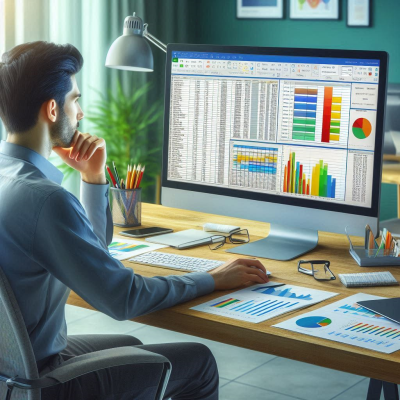 여러 개의 그래프와 데이터가 나열된 화면에서 분석 작업을 하는 사람의 모습입니다.