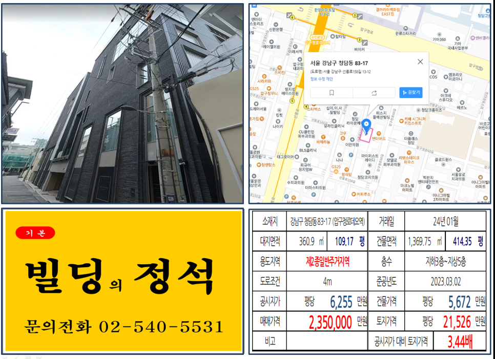  강남구 압구정로데오 오픈더청담 200억 빌딩 실거래가 조회 청담동 83-17 (압구정로데오역) 235억 원, 평당 2억 1,526만 원 매매되었습니다.