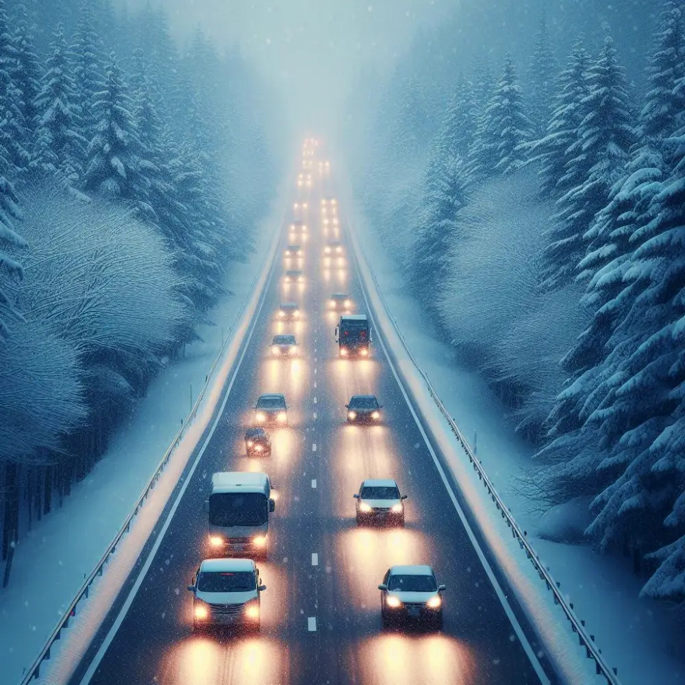 눈이 오는 환경에서 운전을 하는 자동차들의 모습