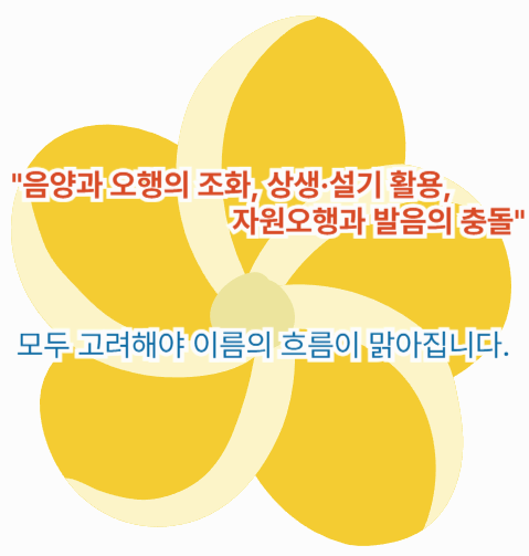 음양과 오행의 조화, 상생·설기 활용, 자원오행과 발음의 충돌&quot; 모두 고려해야 이름의 흐름이 맑아집니다. 이름 작명의 핵심 원리 강조 이미지.