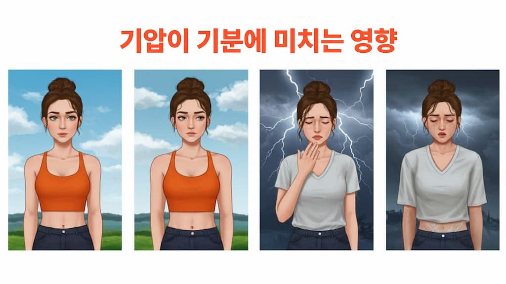 맑은 날씨와 폭풍우 치는 날씨 속 여성의 감정 변화를 보여주는 네 컷 이미지. 기압 변화가 기분에 미치는 영향을 시각적으로 표현함.