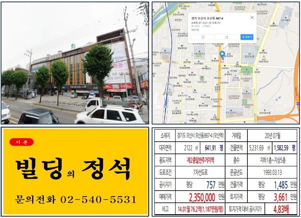  [경기도 오산시 메디컬빌딩 200억 빌딩 실거래가 조회] 오산동 867-4 (오산역) 235억 원, 평당 3,661만 원 매매되었습니다. 오산시청, 롯데마트 오산점, 버팀병원