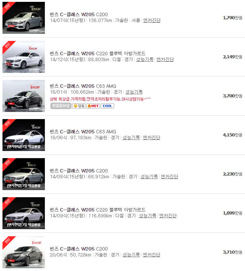 벤츠 C클래스 W205 중고차 시세