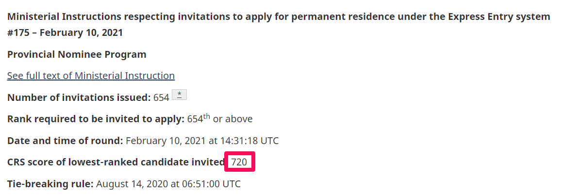  2021/02/10 캐나다 이민 점수 발표. : Express Entry rounds of invitations