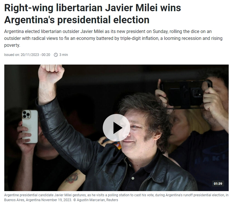 극심한 경제안 아르헨티나 대선 결과...우파는 경제를 살린다? VIDEO: Right-wing libertarian Javier Milei wins Argentina&#39;s presidential election