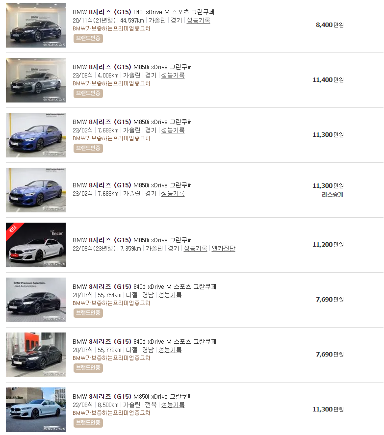 BMW 8시리즈 (G15)(19년~23년식) 중고차 가격