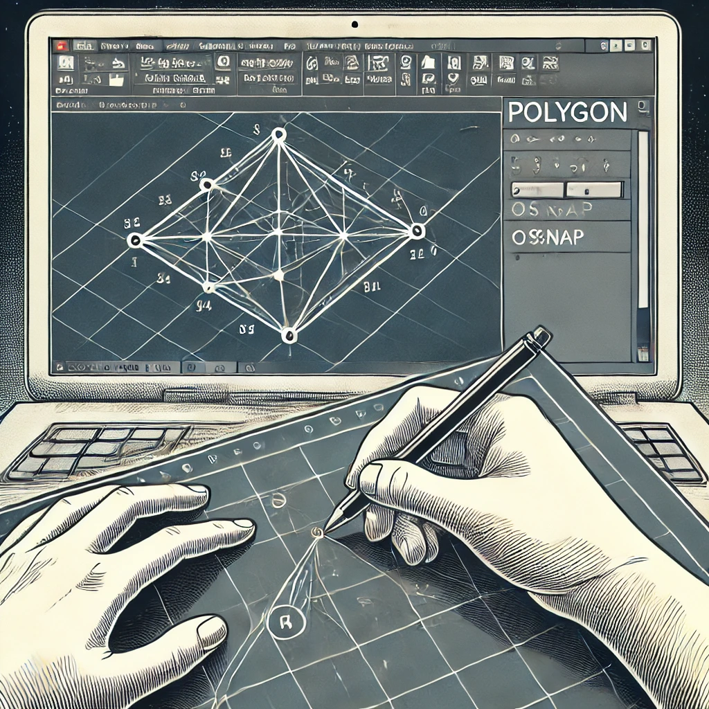 AutoCAD 인터페이스에서 'POLYGON' 명령어를 사용하여 정확한 다각형을 그리는 과정. 작업 공간에 그리드와 함께 다각형의 꼭짓점이 정확히 맞춰진 모습이 보입니다. 화면 하단의 명령어 라인에는 'POLYGON'이 입력된 상태가 표시되어 있습니다.