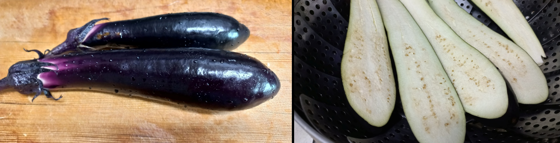 가지(좌),찜기올린 가지(우) 사진