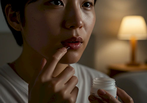 잠들기 전 건조한 입술에 바셀린을 바르며 보습 관리하는 한국인의 모습을 사실적으로 묘사한 클로즈업 사진