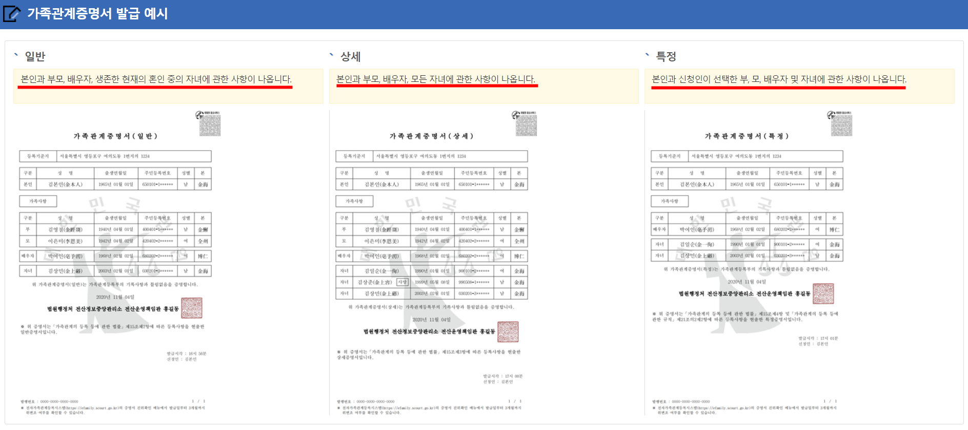 가족관계 증명서 일반&#44; 상세&#44; 특정증명서에 대한 예시