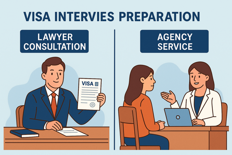 Infographic comparing lawyer consultation and agency service for U.S. visa interview preparation