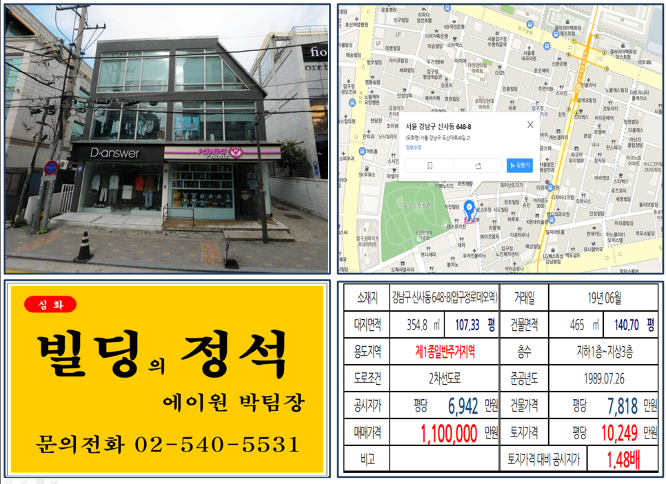  [강남구 빌딩매매 사례]신사동 648-8(압구정로데오역) 110억, 평당10,249만원