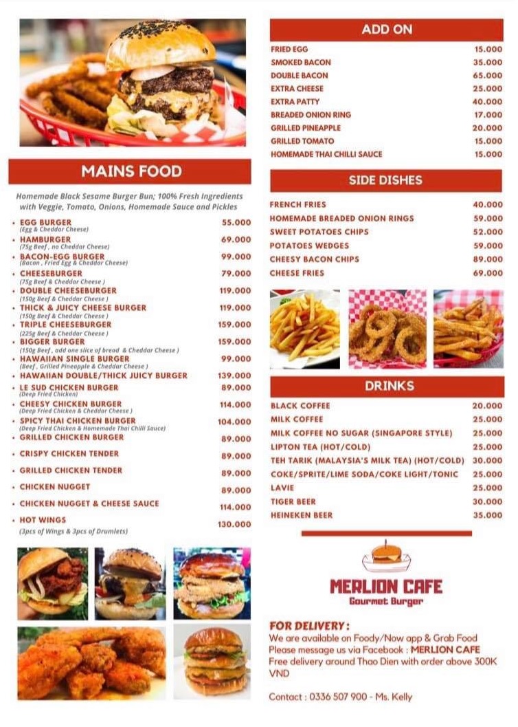 호치민 2군 타오디엔 수제버거 전문점 Merlion Cafe Gourmet Burger 메뉴