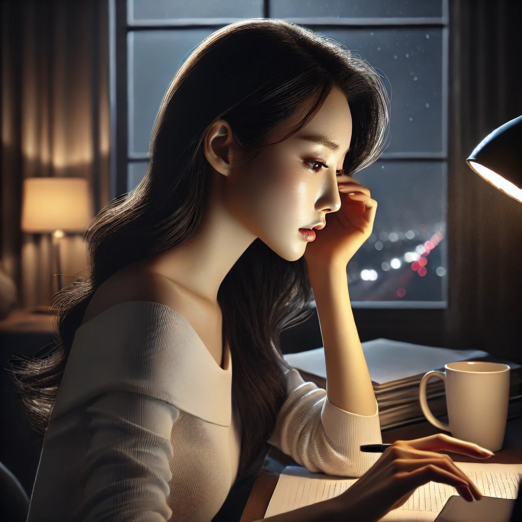 A woman staying up all night to finish working at her desk