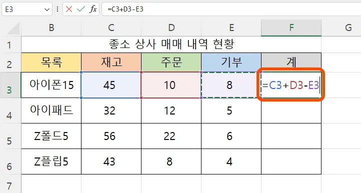 엑셀에서 매크로 기록을 위해 수식을 입력한 모습