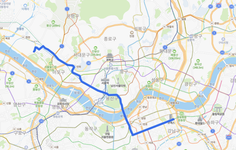  [서울] 740번 버스 노선, 시간표 : 덕은동, 수색역, 신촌역, 공덕역, 강남역, 삼성역