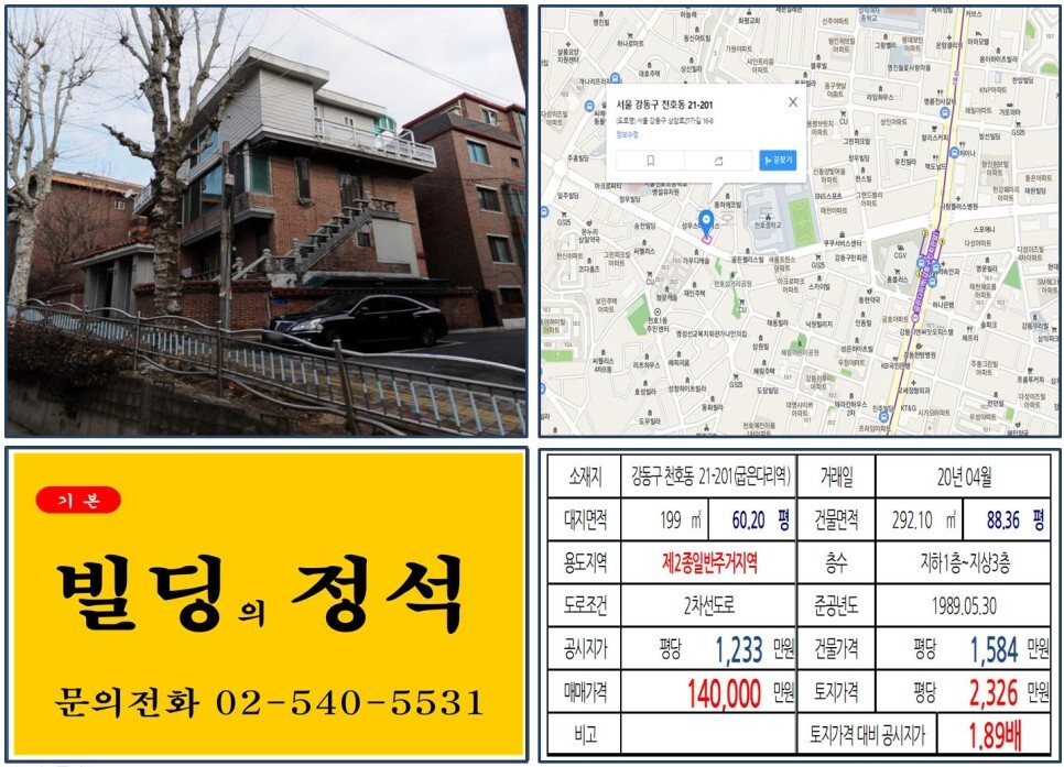  [강동구 천호 홈플러스 10억 꼬마빌딩 실거래가 조회] 천호동 21-201 (굽은다리역) 14억 원, 평당 2,326만 원 매매되었습니다. 천호