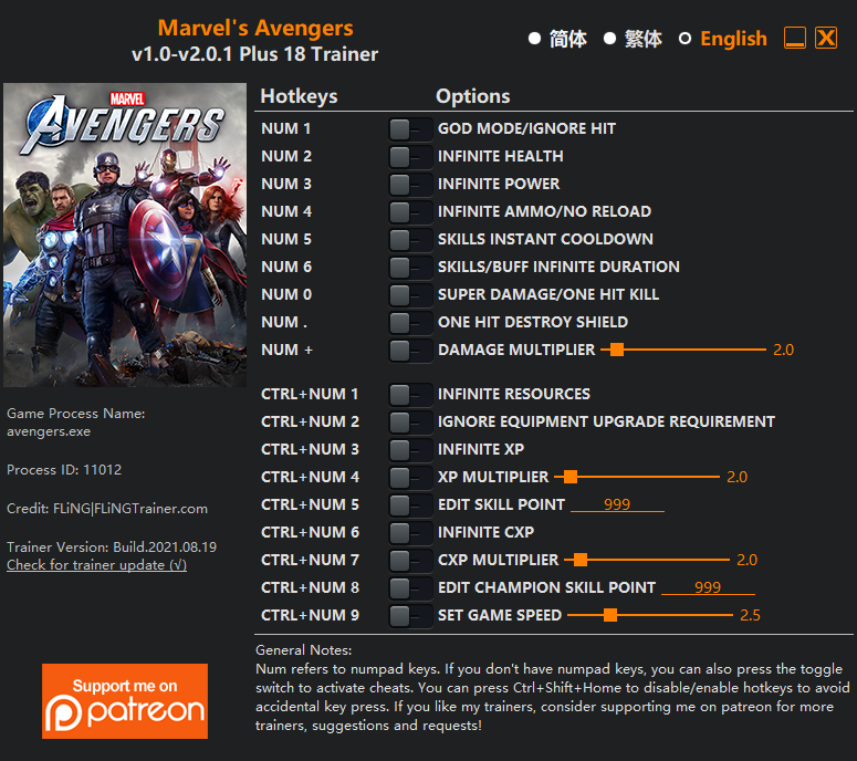  [트레이너] 한글판 마블 어벤져스 최신 영문판 Marvels Avengers v1.0-v2.0.1 Plus 18 Trainer